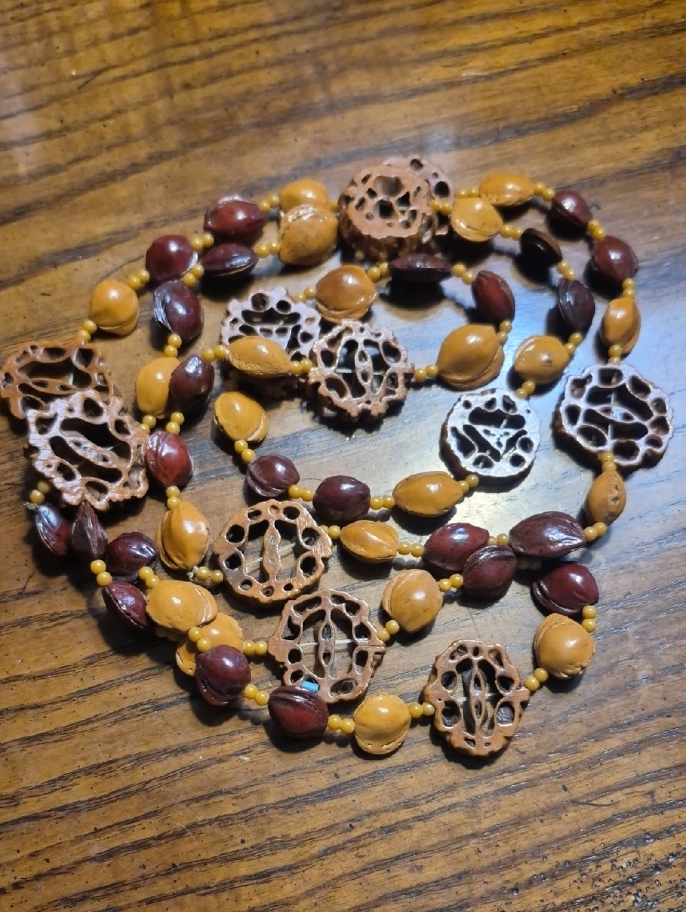 Vintage Handcrafted Celluloid Nut And Wood Necklace